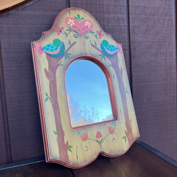 Retro Cottage Style Wood Framed Wall Mirror Hand Painted Bluebirds Folk Art - Picture 1 of 9